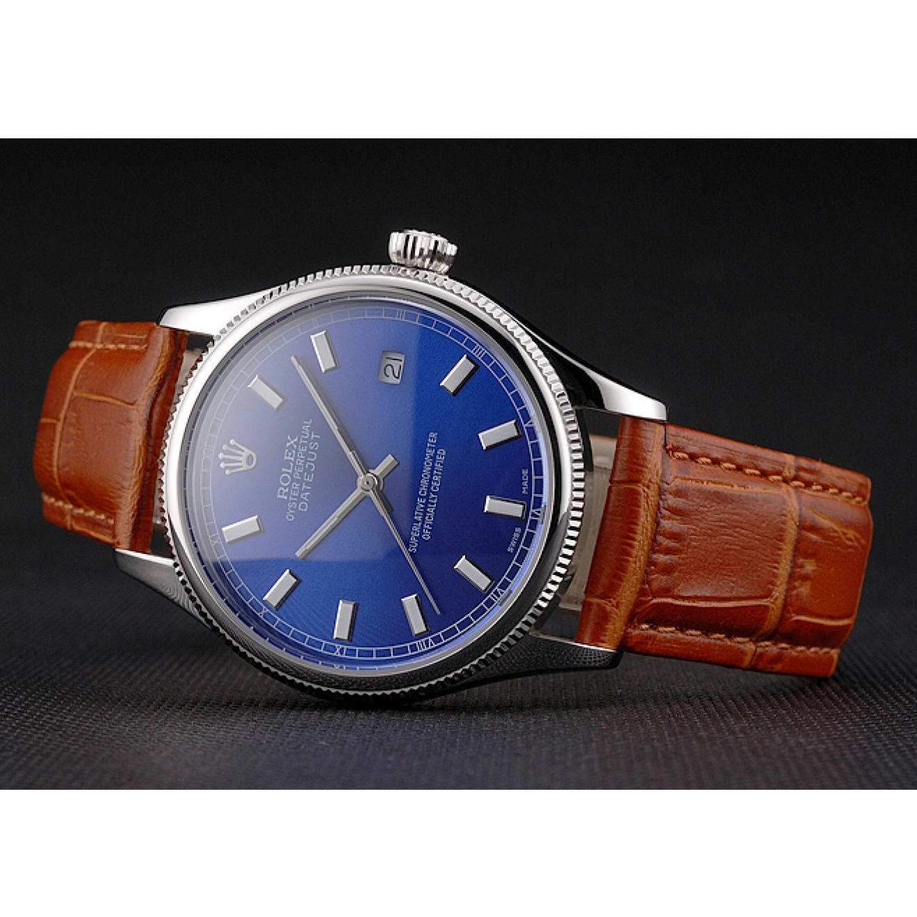 Aaa replica Case Blue Light Strap Datejust Swiss Dial Rolex Brown Leather Steel Stainless 0814